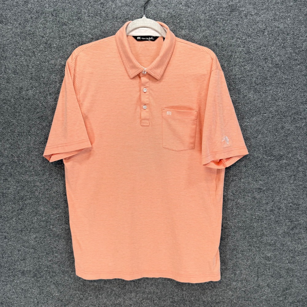 Travis Mathew Polo Shirt Mens‎ Medium Orange Micro Stripe Pocket Golf Shirt